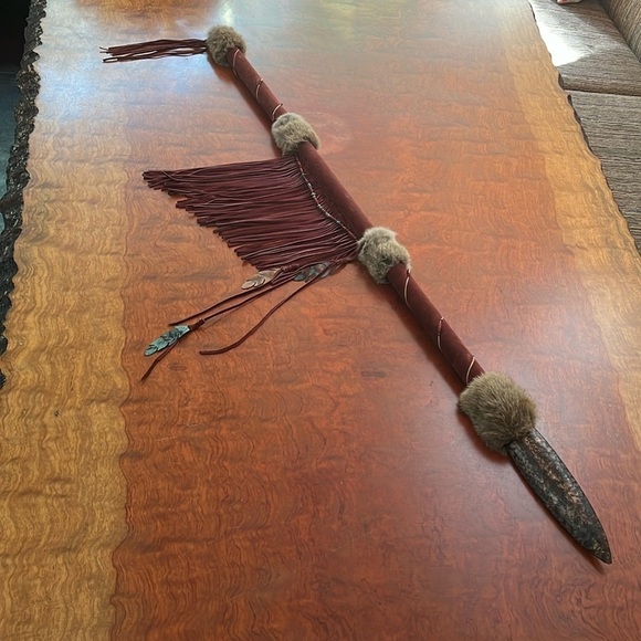 Native American Indian Artifact Hand Made 58” Spear in Suede Rabbit Fur Copper - Picture 1 of 10